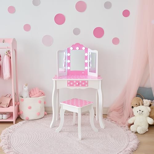 Polka Dot Kids Vanity Set with LED Mirror, Stool and Drawer - Pink
