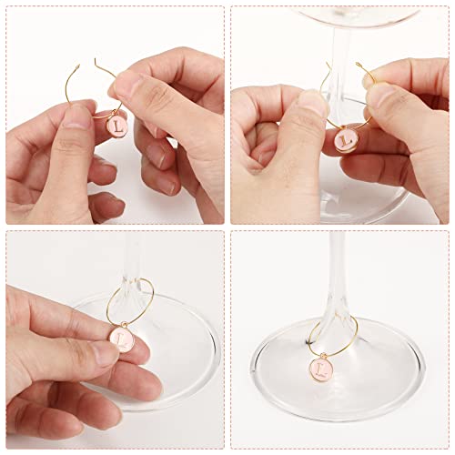 Hicarer 26 Pcs Pink Wine Charms with Letter Rings for Stem Glasses