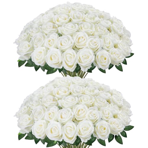 50 Pcs White Artificial Silk Roses with Long Stems - Wedding Decor