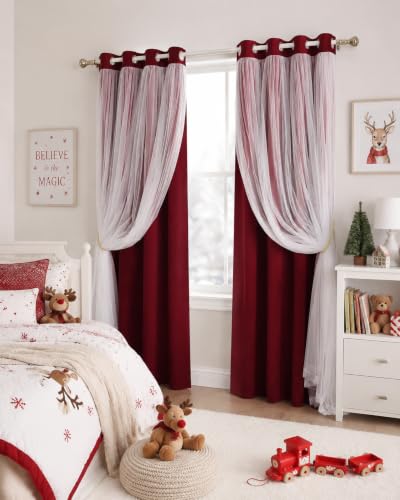 PONY DANCE Red & Blackout Curtains with White Sheer Overlay, 52"W x 84"L, Pack of 2 - Girls Bedroom Decor