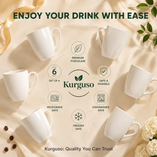 Set of 6 White Porcelain Coffee Mugs 13oz - Microwave & Dishwasher Safe