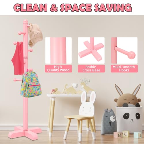 8-Hook Freestanding Wooden Coat Rack, Adjustable Height Pink Coat Tree