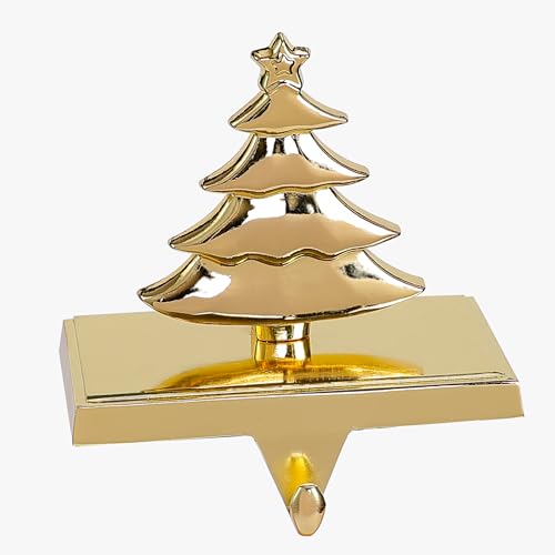 Amooca Christmas Stocking Hangers with Tree Decor, Non-Slip Metal Hooks, Gold, 1 Pack