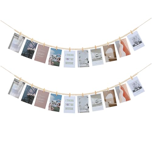 Bohemian Wood Bead Photo Display Garland with 10 Clips, 54.8-inch Wall Decor