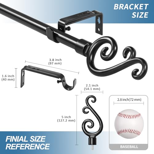 Adjustable Scroll Finial Curtain Rod Set, 5/8-inch, Black, 48-84 Inch