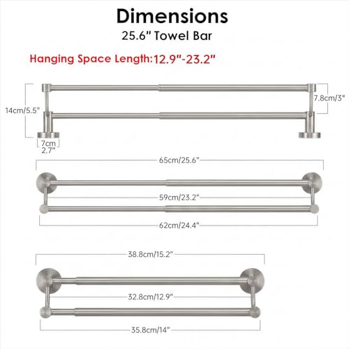 Adjustable Double Towel Bar, 16-26 Inch Wall Mounted Stainless Steel Rack