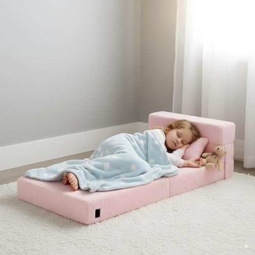 Pink Plush Foldable Kids Sofa Bed with Pillow - Washable Floor Couch for Children