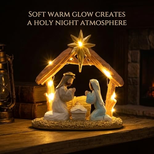 Lighted Nativity Scene Set, Hand-Painted Christmas Manger Figurine Display