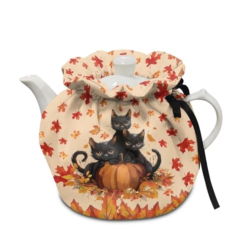 Black Cat Pumpkin Tea Cozy - Insulated Teapot Warmer Cover