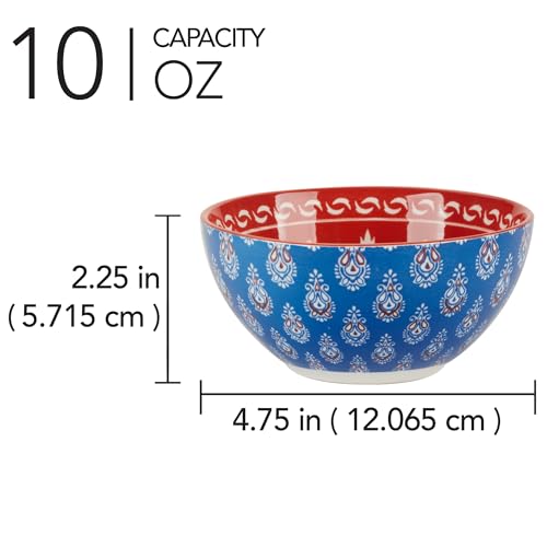 Panache 4.75" All Purpose 13 oz. Porcelain Bowls, Set of 6 – Vibrant Mix & Match Global-Inspired Designs – Dishwasher & Microwave Safe for Snacks, Sides, Dips, Condiments, and Desserts