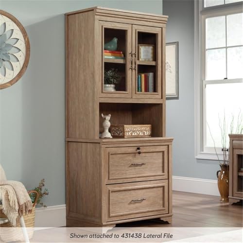 Engineered Wood Library Hutch with Glass Doors in Brushed Oak Finish
