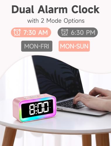 Cute Pink Digital Alarm Clock with RGB Night Light & USB Charger
