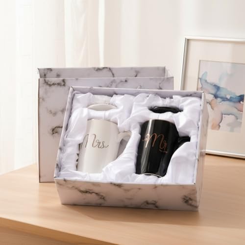 Mr & Mrs Coffee Mug Warmer Set - 14oz Ceramic Cups in Black & White (2 mugs, 2 warmers, 2 lids, 2 spoons) by Acellegic