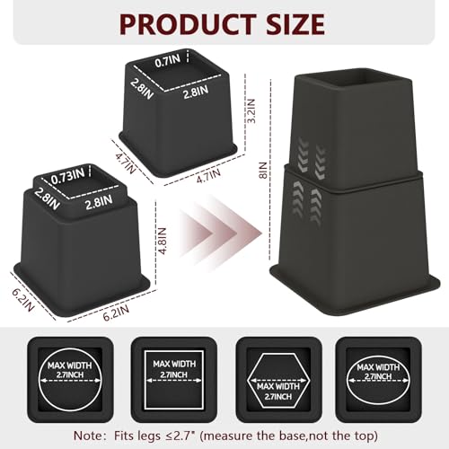 Heavy Duty Adjustable Bed Risers - Set of 4 Furniture Lifts (3, 5, 8 Inches)