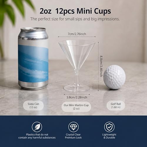 12 Pcs 2 oz Disposable Martini Glasses, Clear Plastic Cocktail Cups for Party