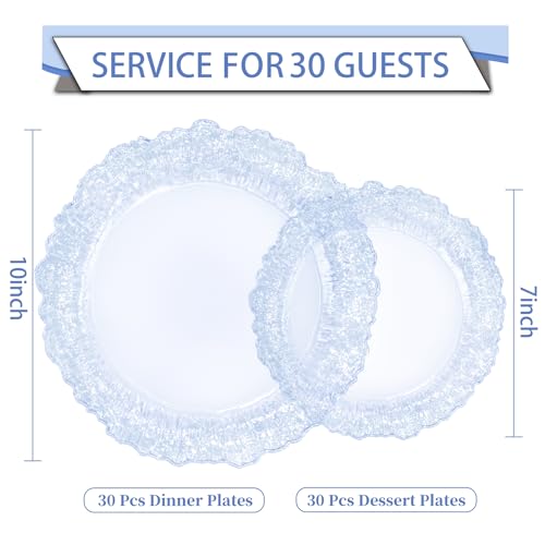 Blue Disposable Plastic Plates Set 60 Pcs - Clear Blue Water Ripple Design, 10