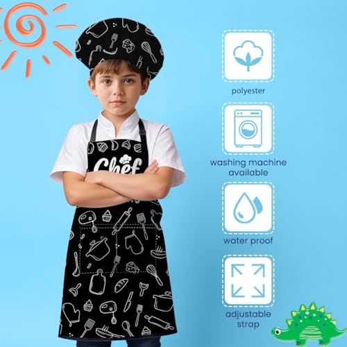 Kids Kitchen Apron and Chef Hat Set for Cooking and Baking
