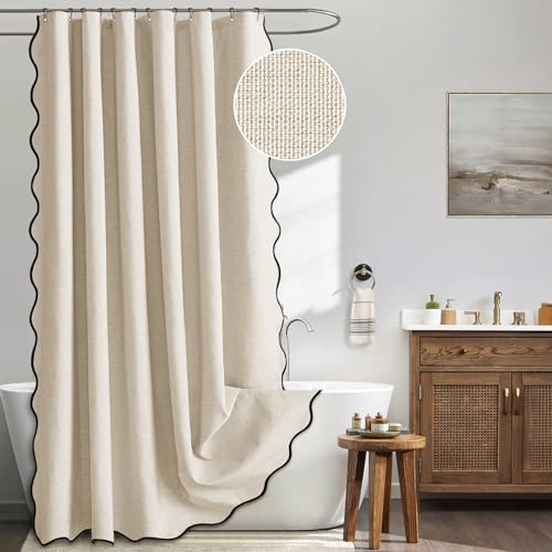 MIULEE Scalloped Shower Curtain Waterproof Linen Textured Cream 72x72