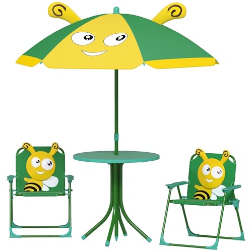 Kids Outdoor Garden Set with Adjustable Bee Pattern Umbrella, Play Table & Chairs