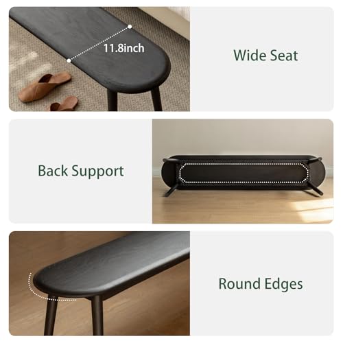 47-Inch Solid Oak Wood Dining Bench, Modern Rounded Entryway Bench