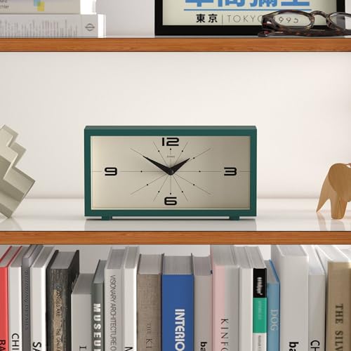 Modern Rectangular Desk Clock, Retro Mid-Century Style, Dark Green