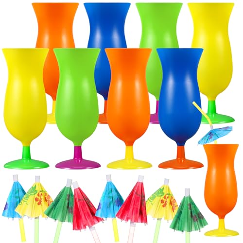 Neon Colored Plastic Hurricane Cups with Umbrella Straws - Tropical Party Supplies