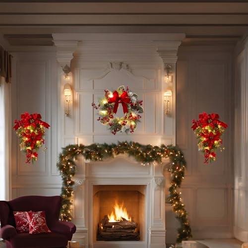 Pre-Lit Artificial Christmas Teardrop Swag with Poinsettias and Pinecones