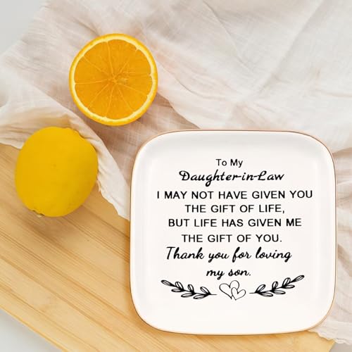 Daughter-in-Law Jewelry Dish Trinket Tray - Gift for Mother-in-Law, 4.33in Ceramic with Gold Rim