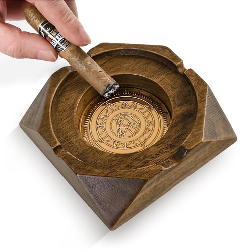 Wooden Cigar Ashtray with Aluminum Alloy Liner, 4-Groove Ash Tray