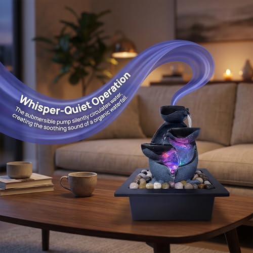 Indoor Tabletop Water Fountain with LED Lights & Pebbles for Desk