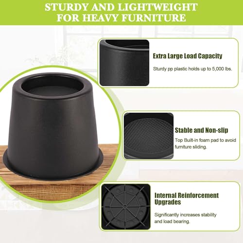 Heavy-Duty Bed & Furniture Risers 4 Inch (3.4" Lift) - 4 Pack, Black