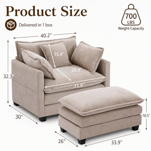 41-Inch Oversized Reading Chair with Ottoman, Chenille Deep Seat Armchair