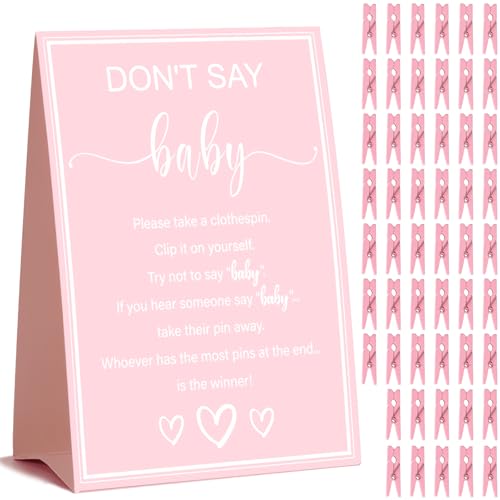 Don't Say Baby Shower Game Set with 52 Pink Clothespins and Sign