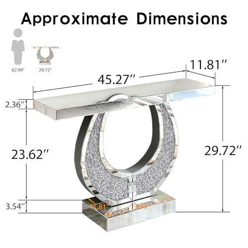 45-Inch Mirrored Console Table and Round Wall Mirror Set with Crushed Diamond