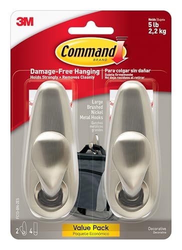 Large Brushed Nickel Adhesive Wall Hooks - 5 lb Capacity, 2-Pack