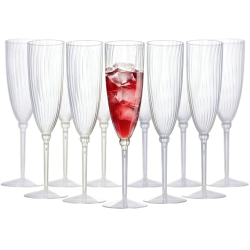 EHLOPMN 24 Pack 6oz Clear Striped Plastic Champagne Flutes – Disposable & Reusable