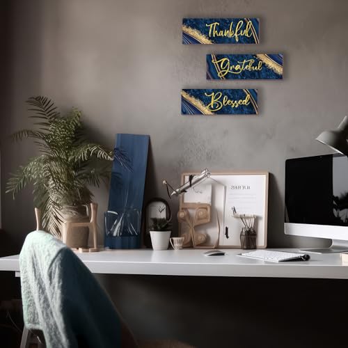 3-Piece Blue and Gold Wall Decor - Thankful Grateful Blessed Art Set