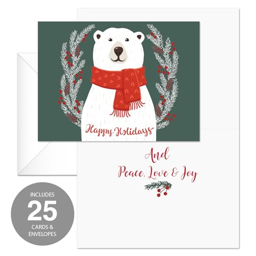 Canopy Street Polar Bear Holiday Card Pack - 25 Christmas Greeting Cards with Envelopes, Inside Verses, Happy Holidays, Cozy Winter Design