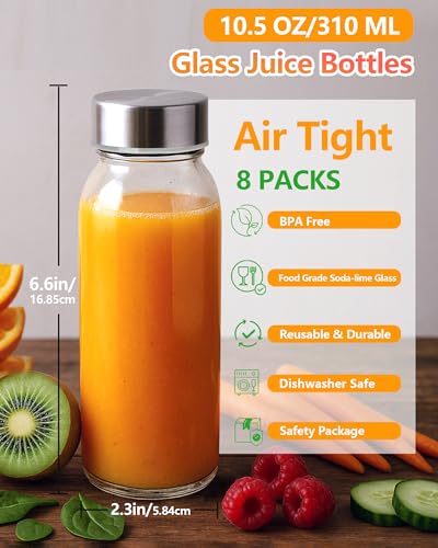 Zukro 10.5 oz Glass Juice Bottles with Stainless Steel Leak-Proof Lids - Pack of 8