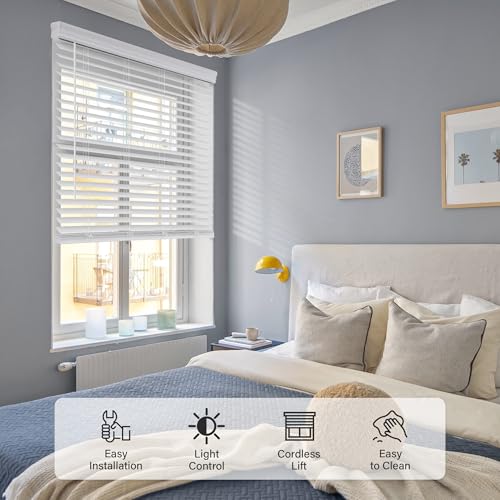 Cordless Faux Wood Blinds - 34" W x 60" H - Indoor Window Shades