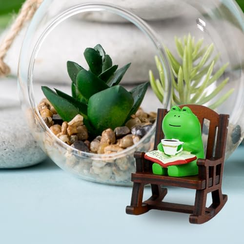 Mini Frog Figurine with Wooden Rocking Chair Desk Ornament Decor