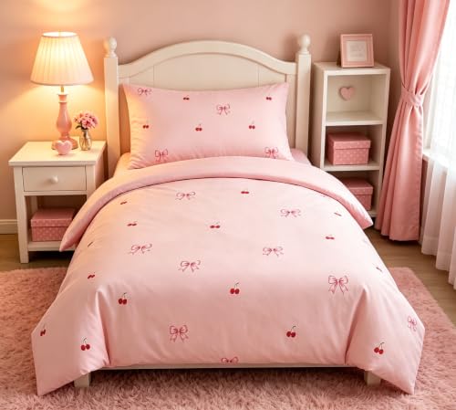 Twin Size Pink Bow Duvet Cover Set - Soft Microfiber Bedding for Girls