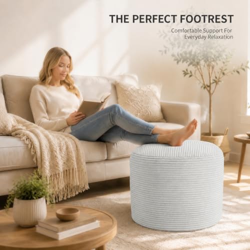 Round Corduroy Pouf Ottoman with Stable Foam Base - Washable Foot Rest