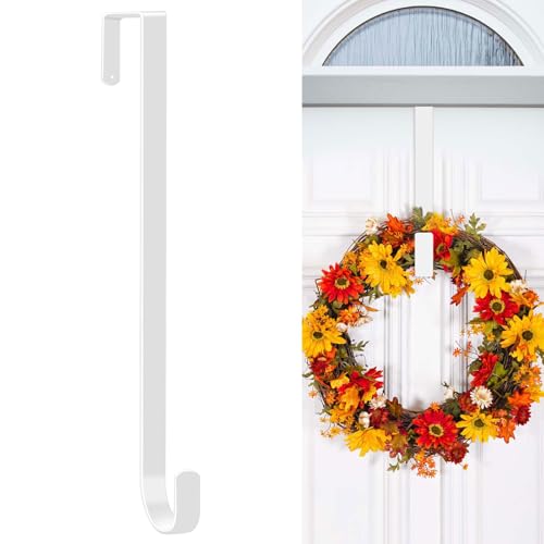 15 Inch Over the Door Wreath Hanger - Heavy Duty Metal Door Hook (White)