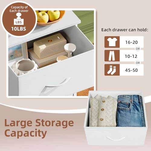 5-Drawer Tall Fabric Dresser Storage Cabinet with Wood Top - White