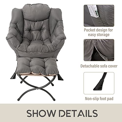 Upholstered Lazy Chair with Ottoman - Comfy Accent Reading Chair Dark Grey