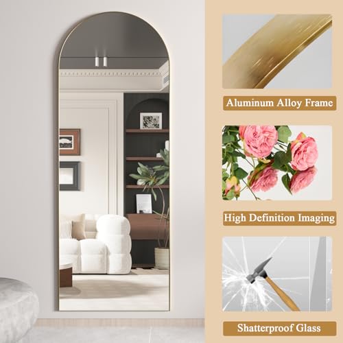 56"x16" Arched Full Length Floor Mirror with Stand, Gold Aluminum Frame