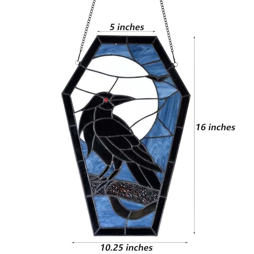 Bieye Gothic Raven Stained Glass Window Panel - Halloween Sun Catcher, Coffin Shape, 16 Inches