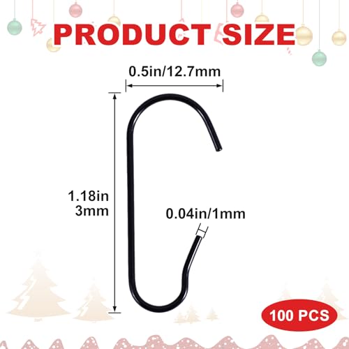 100-Pack Black Christmas Ornament Hooks, Metal Wire C-Shaped Hangers
