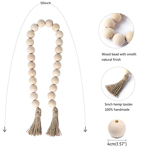 50-Inch Large Wood Bead Garland with Tassels - Farmhouse Boho Decor